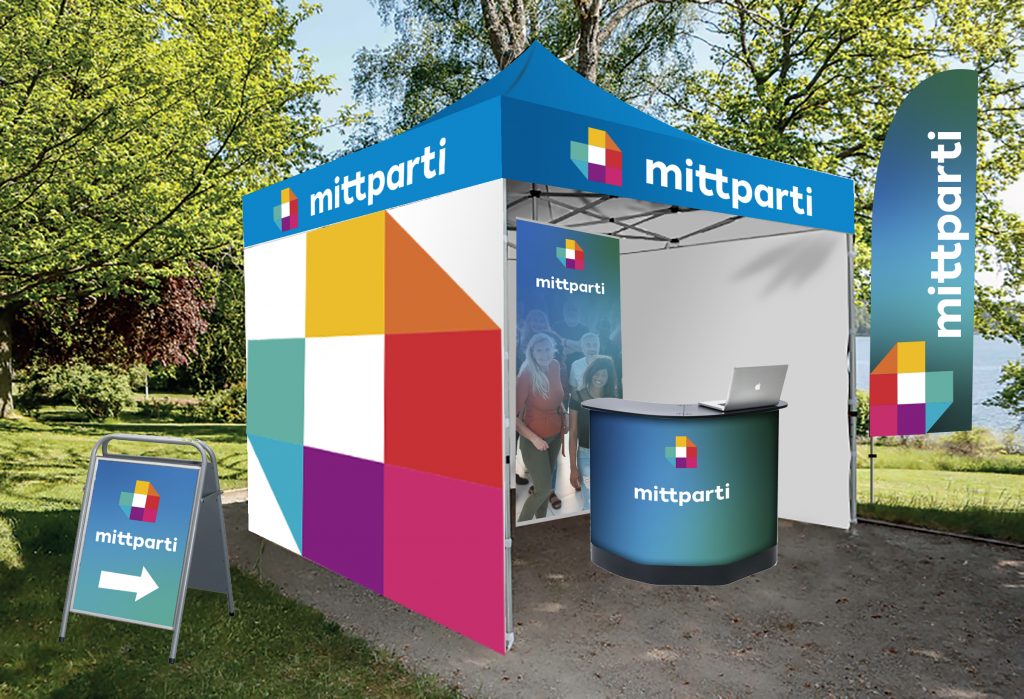 Eventtält, podiumdisk, beachflagga, gatupratare och rollup. Trycksaker till din valkampanj!