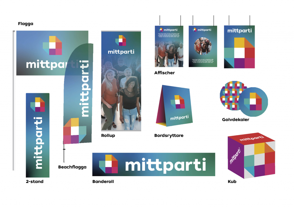 Produkter som kan användas till din valkampanj. Flagga, 2-stand, beachflagga, rollup, banderoll, affischer, bordsryttare, golvdekaler, kub.