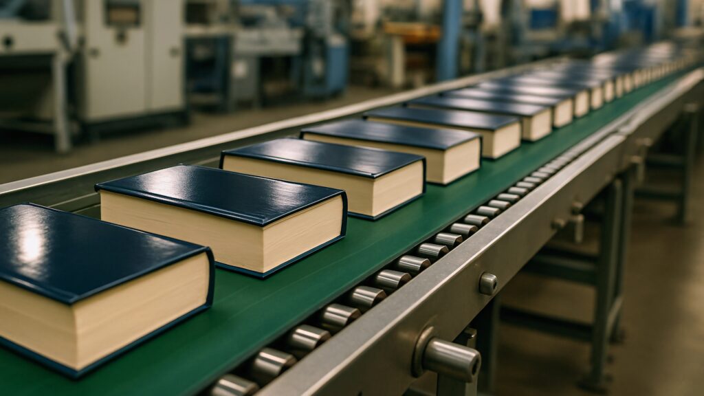 Inbundna böcker på ett rullband